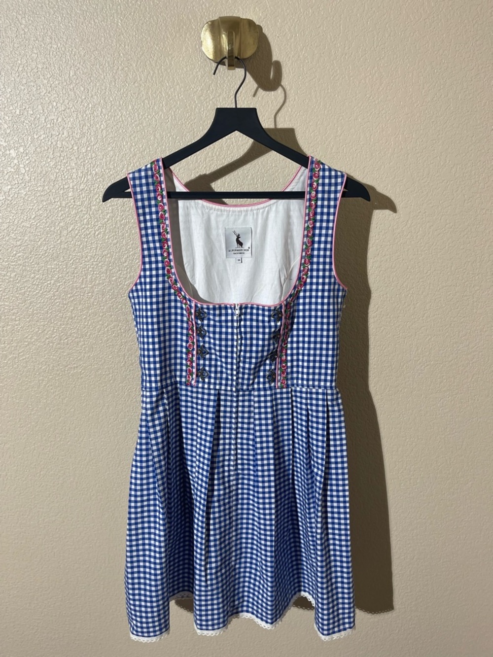 Alpenmarchen Blue Gingham Sundress with Embroidered Trim